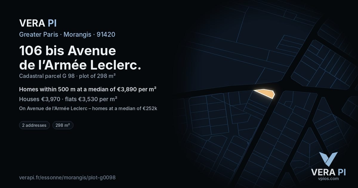 106 bis Avenue de l’Armée Leclerc, Morangis at night – the plot lit, the parcels around coloured by the prices near them