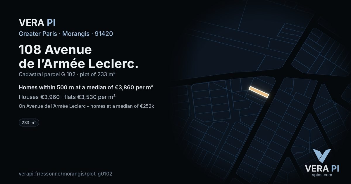 108 Avenue de l’Armée Leclerc, Morangis at night – the plot lit, the parcels around coloured by the prices near them