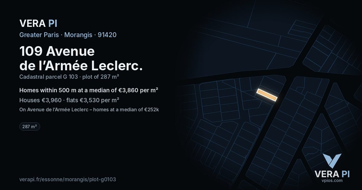 109 Avenue de l’Armée Leclerc, Morangis at night – the plot lit, the parcels around coloured by the prices near them
