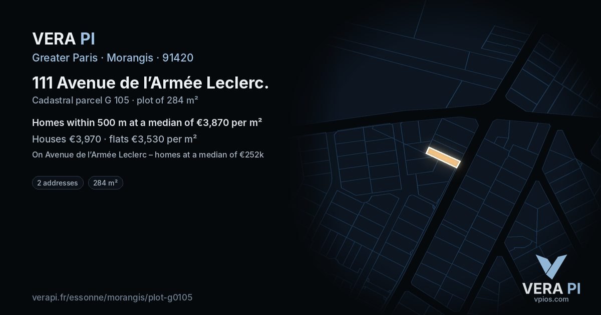 111 Avenue de l’Armée Leclerc, Morangis at night – the plot lit, the parcels around coloured by the prices near them
