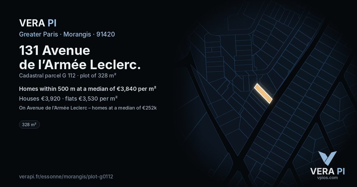 131 Avenue de l’Armée Leclerc, Morangis at night – the plot lit, the parcels around coloured by the prices near them