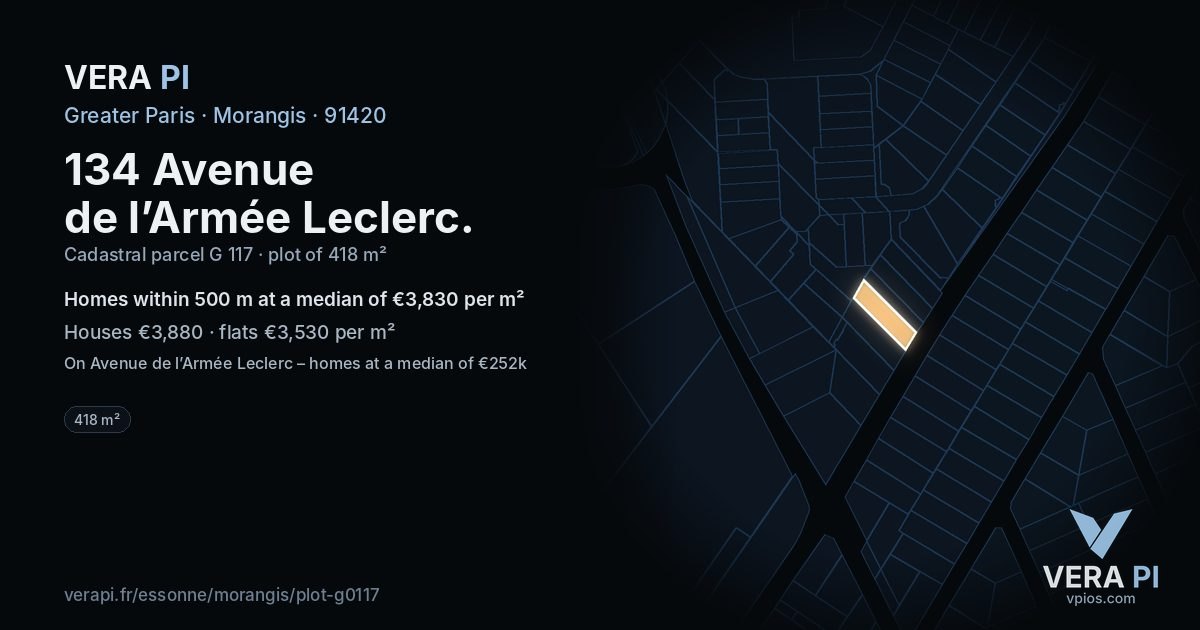 134 Avenue de l’Armée Leclerc, Morangis at night – the plot lit, the parcels around coloured by the prices near them
