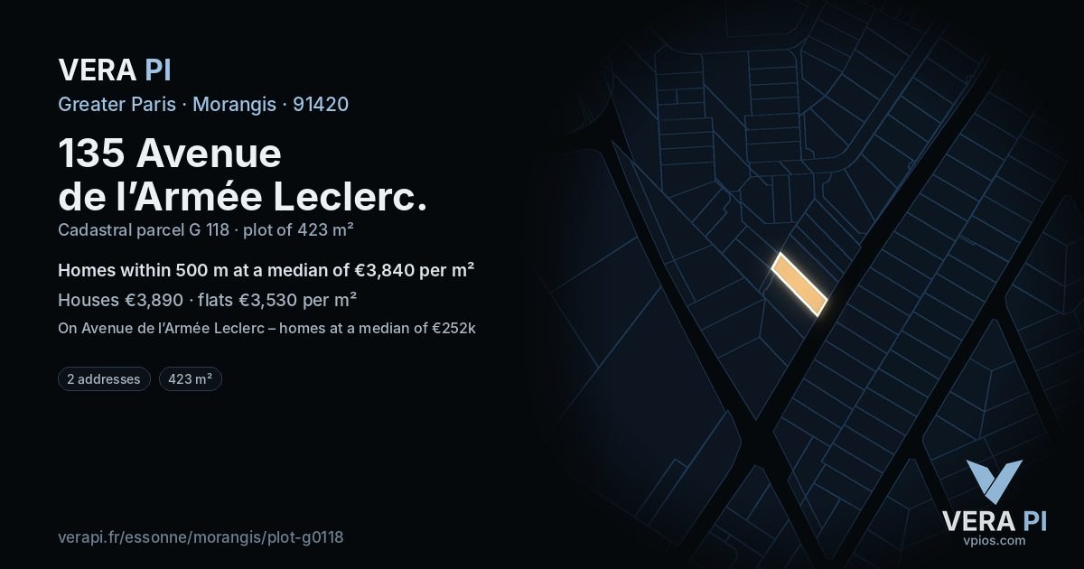 135 Avenue de l’Armée Leclerc, Morangis at night – the plot lit, the parcels around coloured by the prices near them