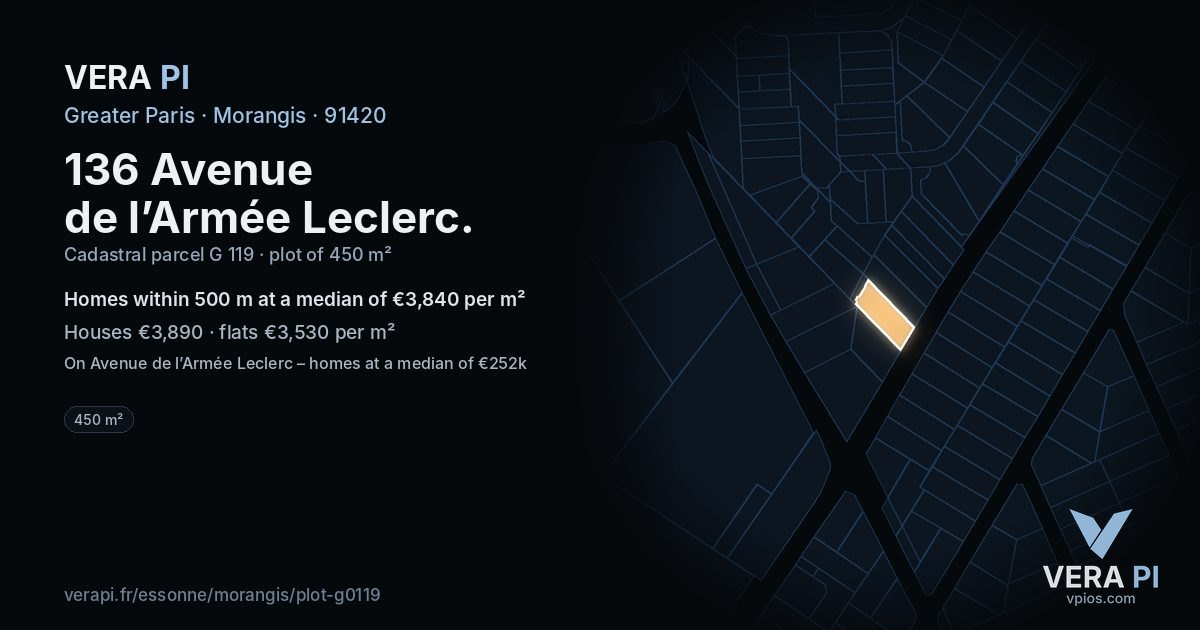136 Avenue de l’Armée Leclerc, Morangis at night – the plot lit, the parcels around coloured by the prices near them