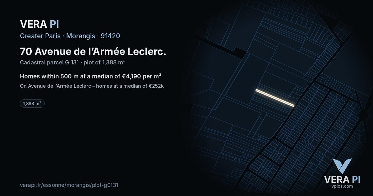 70 Avenue de l’Armée Leclerc, Morangis at night – the plot lit, the parcels around coloured by the prices near them