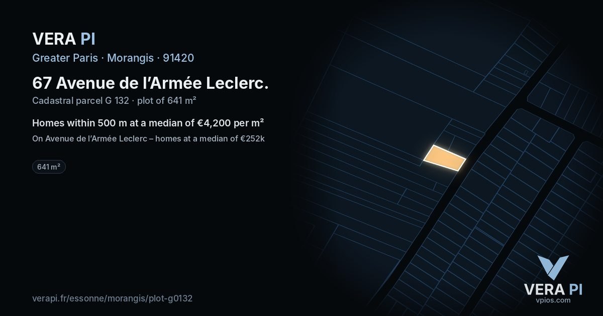 67 Avenue de l’Armée Leclerc, Morangis at night – the plot lit, the parcels around coloured by the prices near them