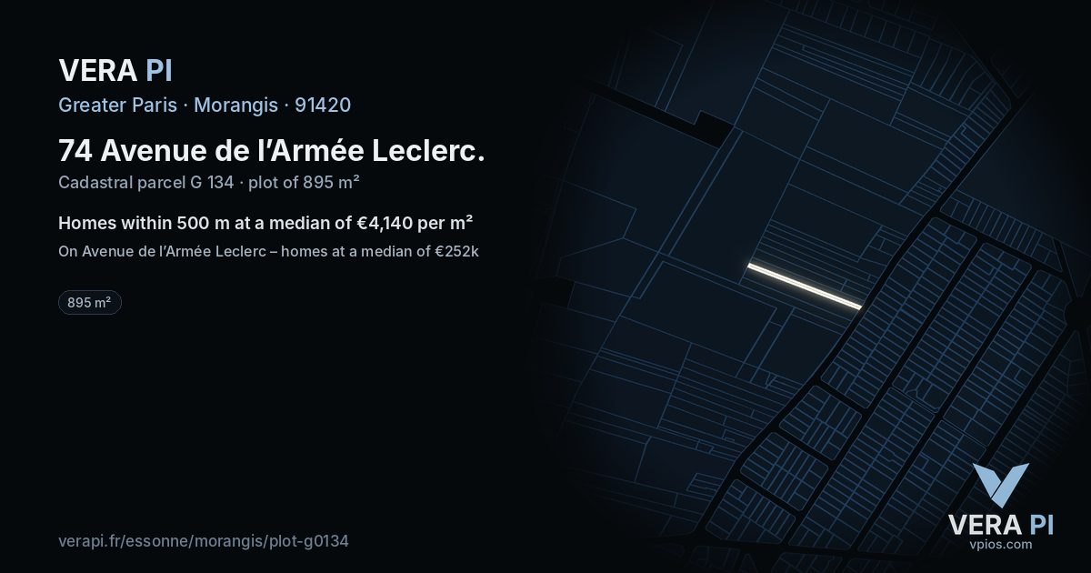 74 Avenue de l’Armée Leclerc, Morangis at night – the plot lit, the parcels around coloured by the prices near them