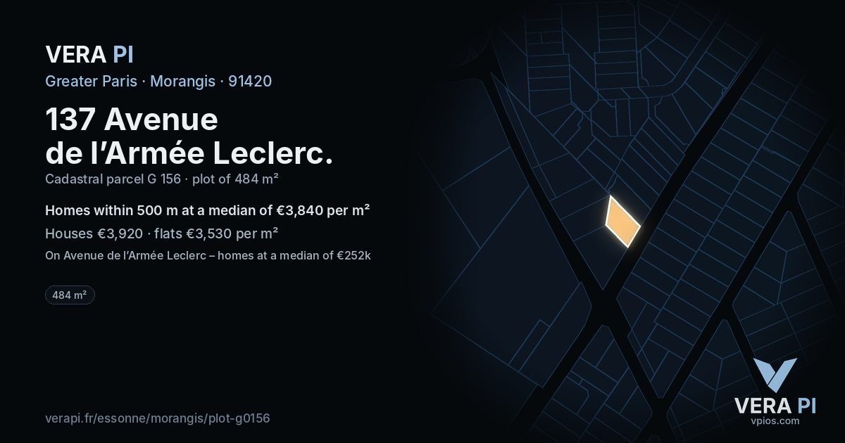 137 Avenue de l’Armée Leclerc, Morangis at night – the plot lit, the parcels around coloured by the prices near them