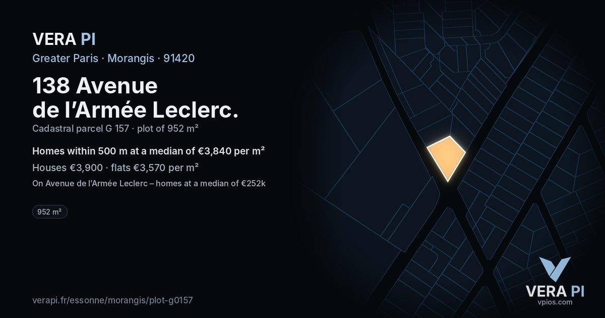 138 Avenue de l’Armée Leclerc, Morangis at night – the plot lit, the parcels around coloured by the prices near them