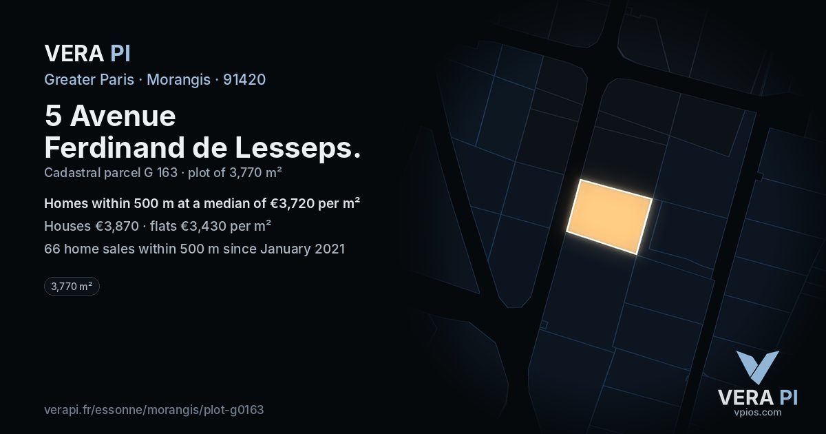5 Avenue Ferdinand de Lesseps, Morangis at night – the plot lit, the parcels around coloured by the prices near them