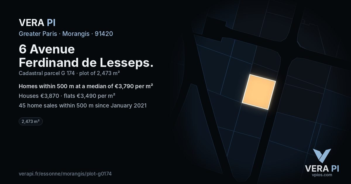 6 Avenue Ferdinand de Lesseps, Morangis at night – the plot lit, the parcels around coloured by the prices near them