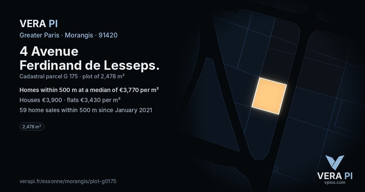 4 Avenue Ferdinand de Lesseps, Morangis at night – the plot lit, the parcels around coloured by the prices near them