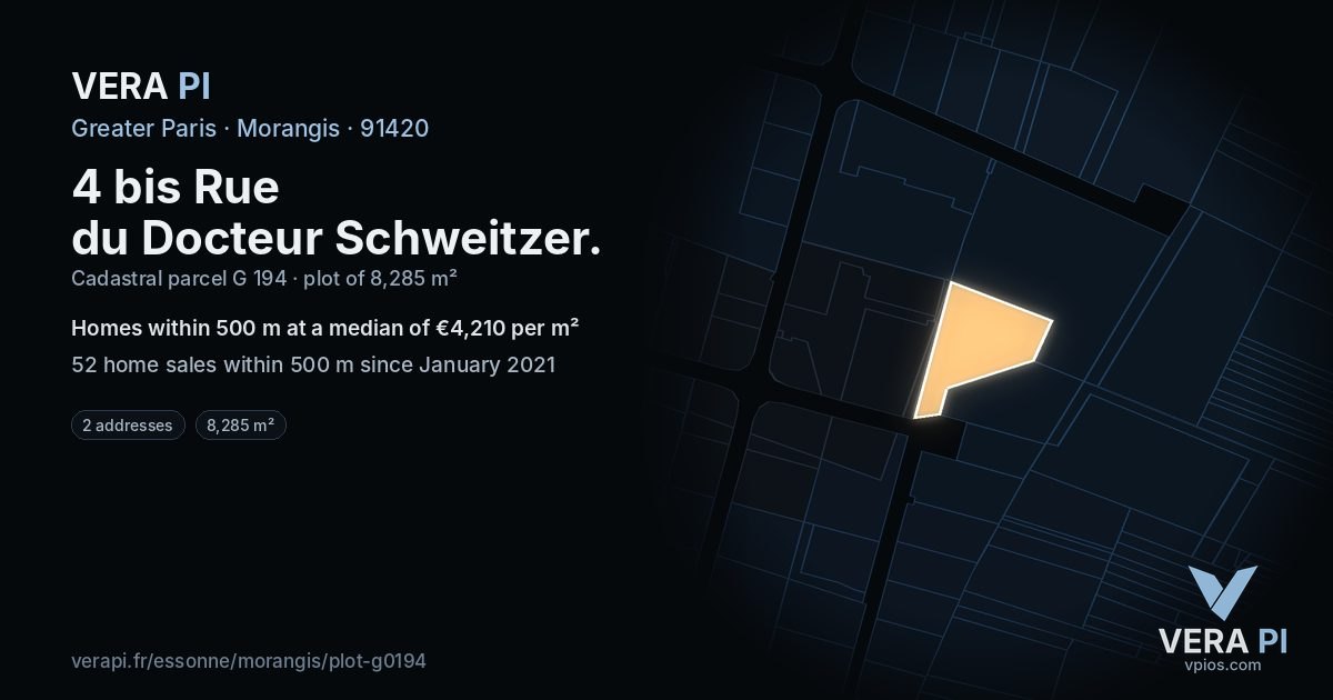 4 bis Rue du Docteur Schweitzer, Morangis at night – the plot lit, the parcels around coloured by the prices near them