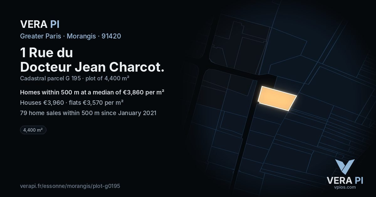 1 Rue du Docteur Jean Charcot, Morangis at night – the plot lit, the parcels around coloured by the prices near them