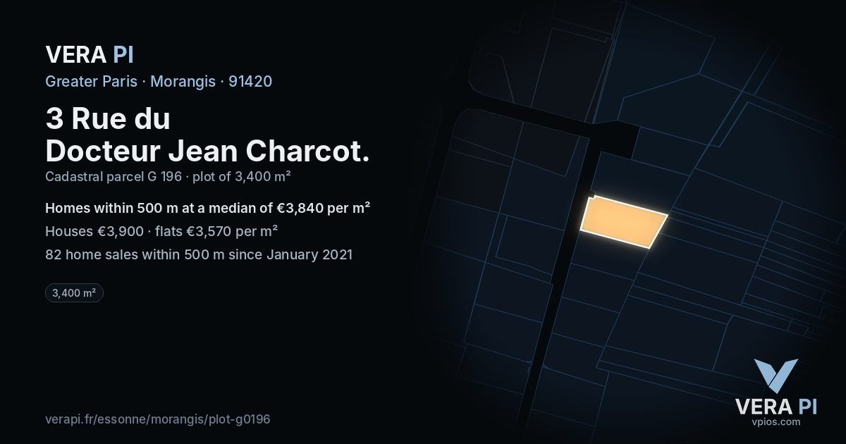 3 Rue du Docteur Jean Charcot, Morangis at night – the plot lit, the parcels around coloured by the prices near them