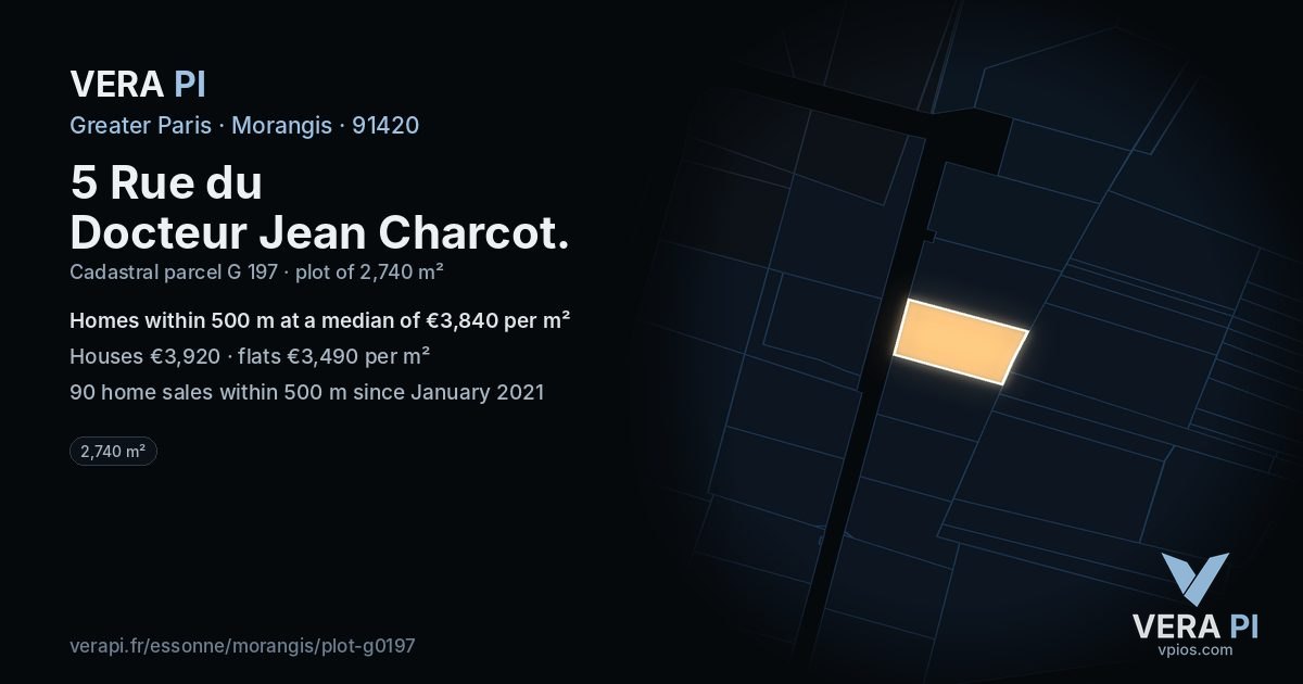 5 Rue du Docteur Jean Charcot, Morangis at night – the plot lit, the parcels around coloured by the prices near them
