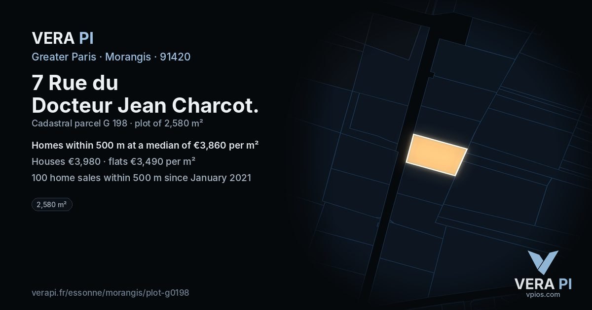 7 Rue du Docteur Jean Charcot, Morangis at night – the plot lit, the parcels around coloured by the prices near them
