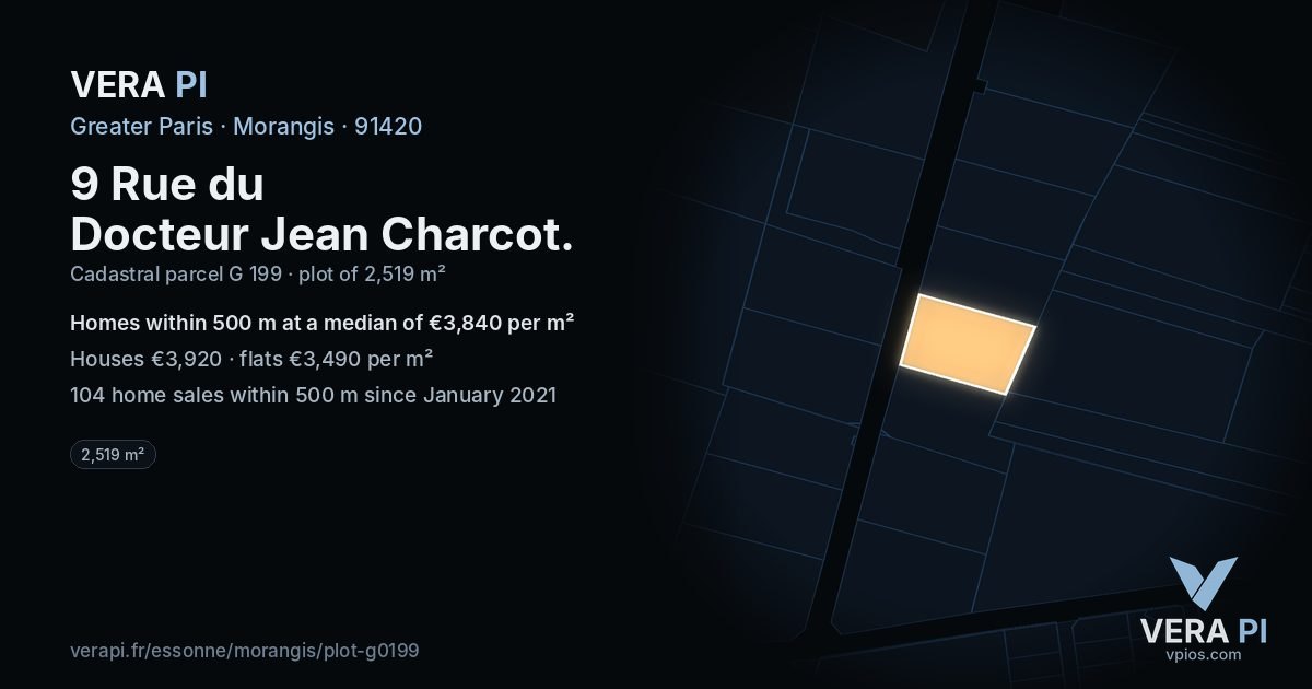 9 Rue du Docteur Jean Charcot, Morangis at night – the plot lit, the parcels around coloured by the prices near them