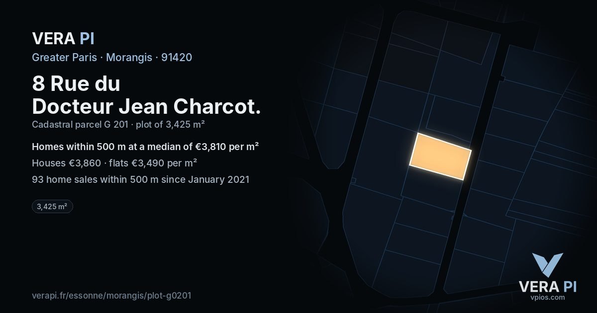 8 Rue du Docteur Jean Charcot, Morangis at night – the plot lit, the parcels around coloured by the prices near them