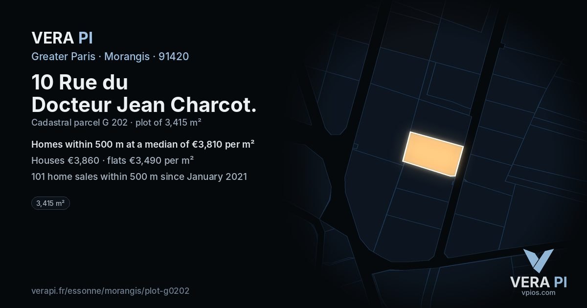 10 Rue du Docteur Jean Charcot, Morangis at night – the plot lit, the parcels around coloured by the prices near them