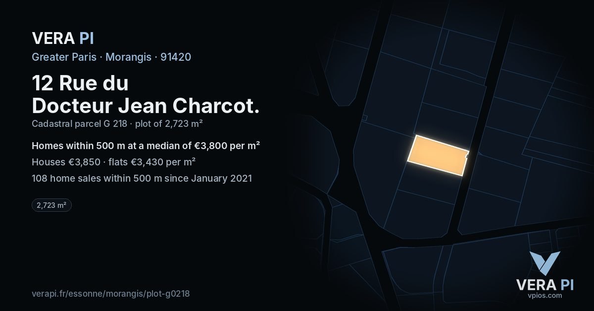 12 Rue du Docteur Jean Charcot, Morangis at night – the plot lit, the parcels around coloured by the prices near them