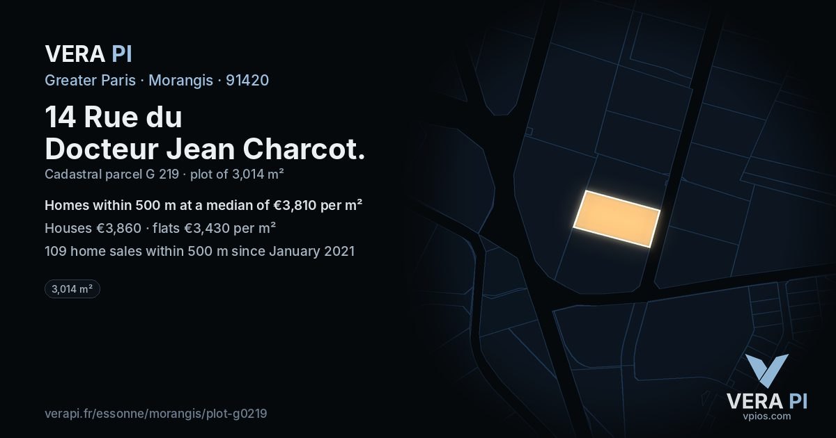 14 Rue du Docteur Jean Charcot, Morangis at night – the plot lit, the parcels around coloured by the prices near them