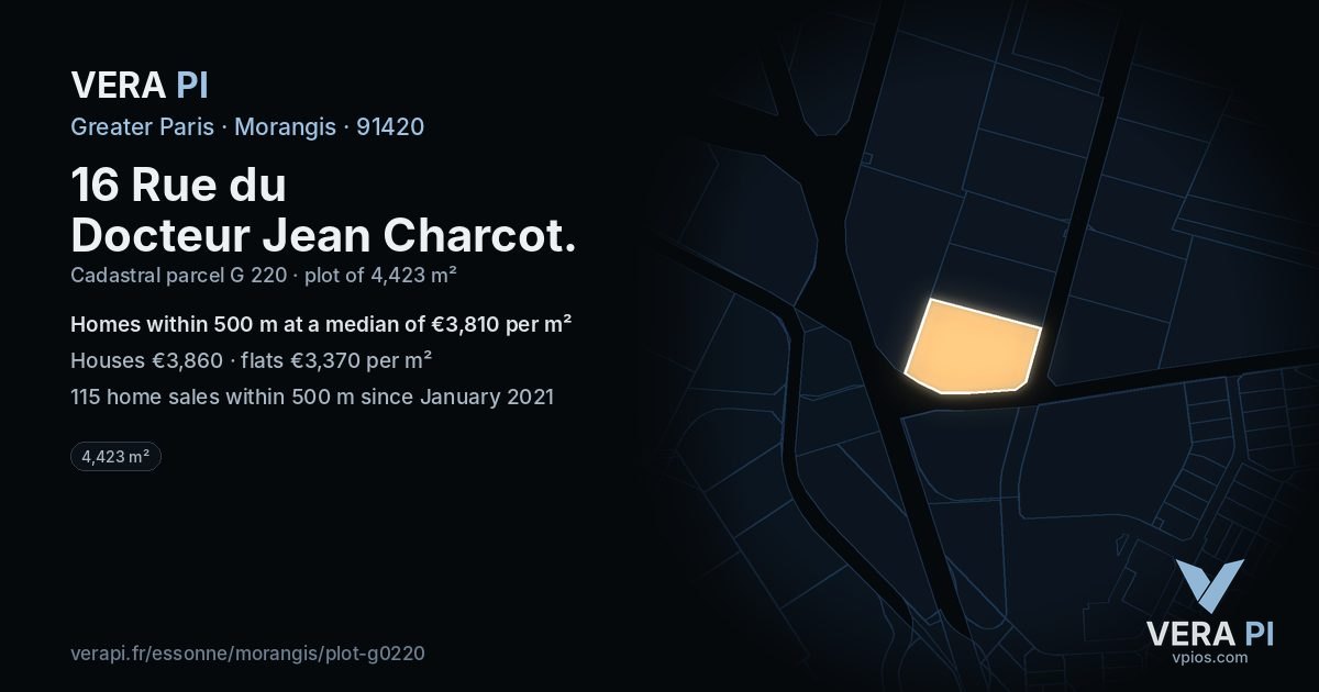 16 Rue du Docteur Jean Charcot, Morangis at night – the plot lit, the parcels around coloured by the prices near them
