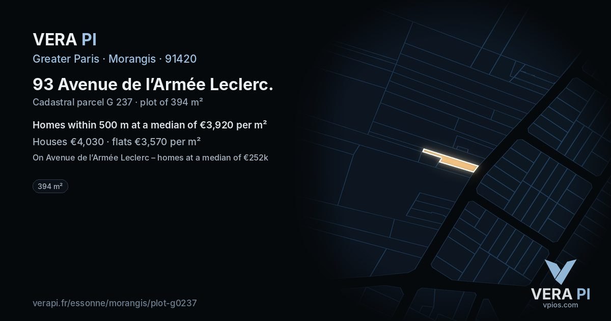 93 Avenue de l’Armée Leclerc, Morangis at night – the plot lit, the parcels around coloured by the prices near them