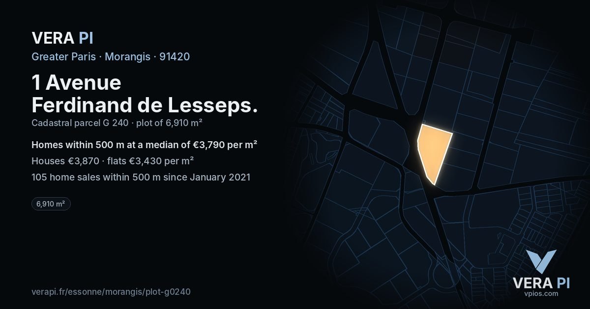 1 Avenue Ferdinand de Lesseps, Morangis at night – the plot lit, the parcels around coloured by the prices near them