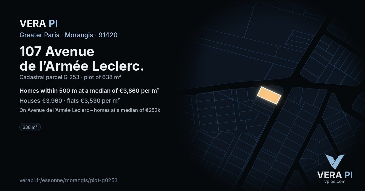 107 Avenue de l’Armée Leclerc, Morangis at night – the plot lit, the parcels around coloured by the prices near them