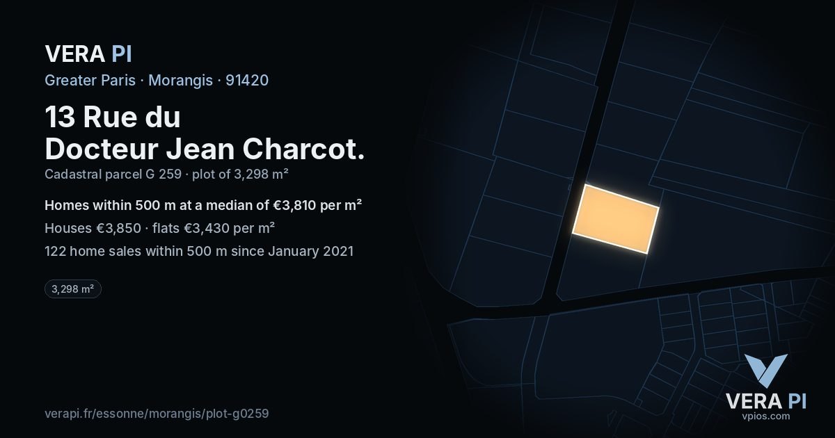 13 Rue du Docteur Jean Charcot, Morangis at night – the plot lit, the parcels around coloured by the prices near them