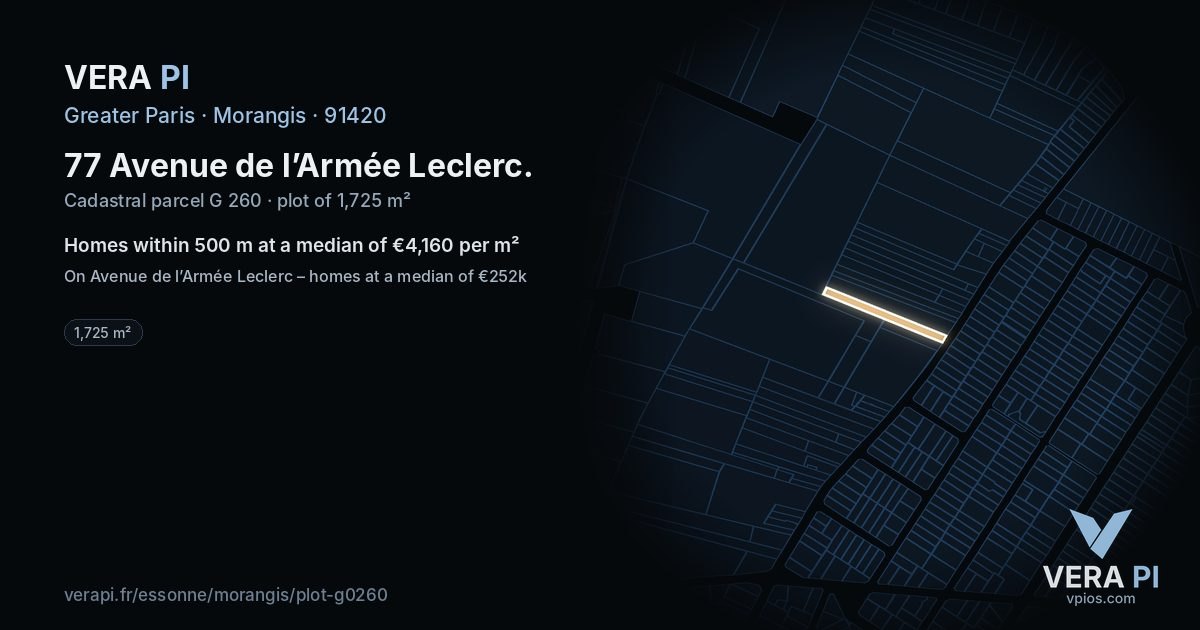 77 Avenue de l’Armée Leclerc, Morangis at night – the plot lit, the parcels around coloured by the prices near them