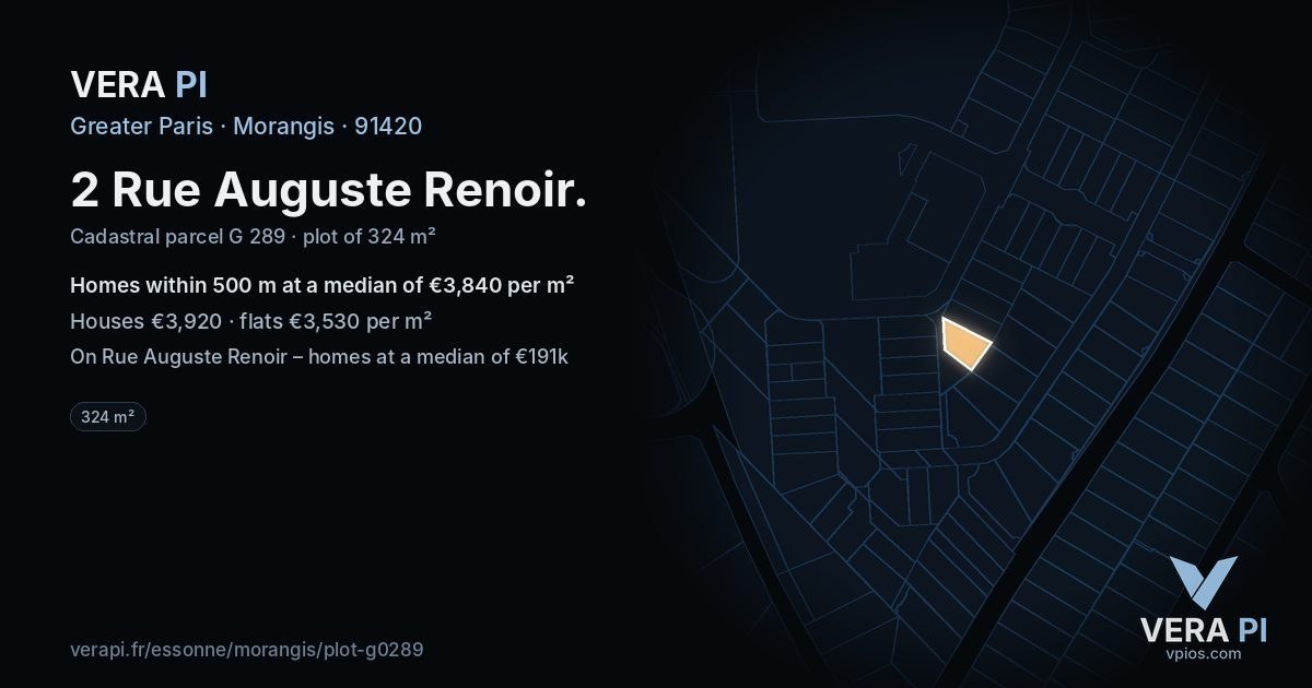 2 Rue Auguste Renoir, Morangis at night – the plot lit, the parcels around coloured by the prices near them