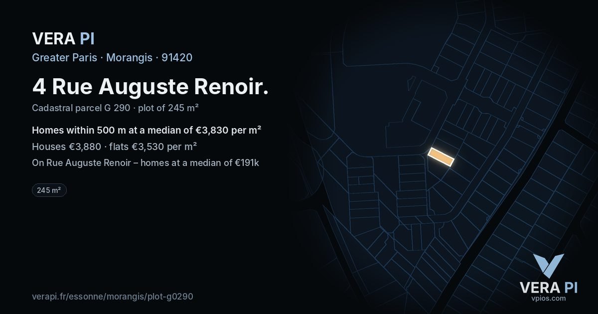 4 Rue Auguste Renoir, Morangis at night – the plot lit, the parcels around coloured by the prices near them