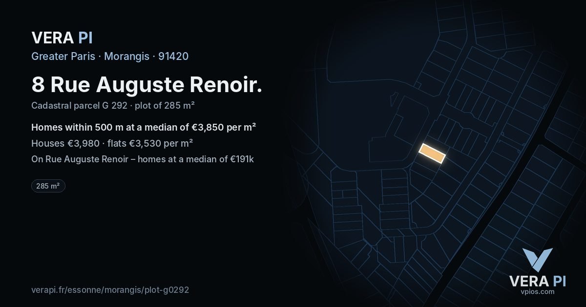 8 Rue Auguste Renoir, Morangis at night – the plot lit, the parcels around coloured by the prices near them