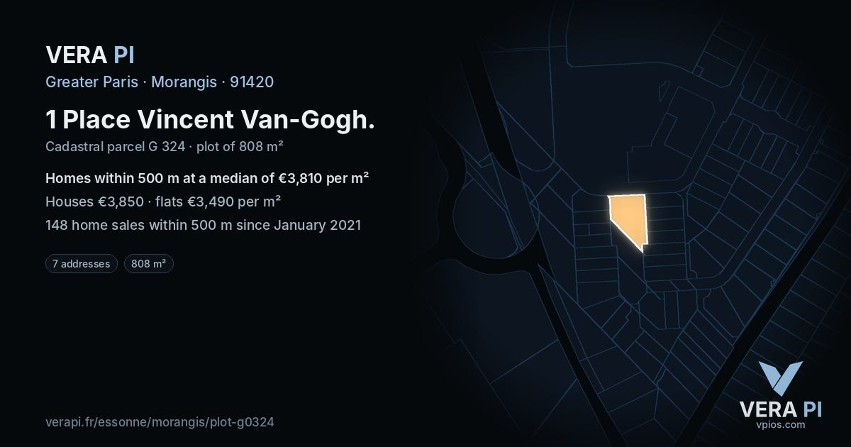 1 Place Vincent Van-Gogh, Morangis at night – the plot lit, the parcels around coloured by the prices near them