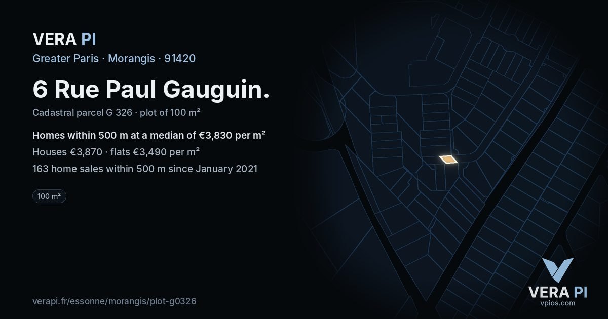 6 Rue Paul Gauguin, Morangis at night – the plot lit, the parcels around coloured by the prices near them