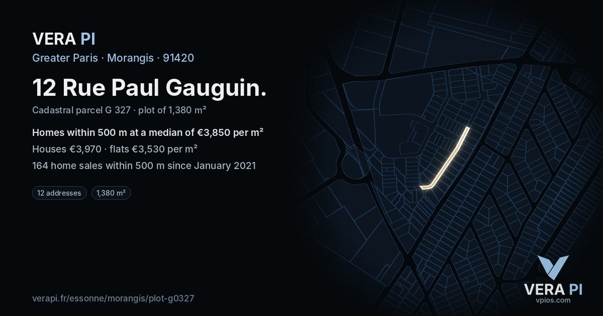 12 Rue Paul Gauguin, Morangis at night – the plot lit, the parcels around coloured by the prices near them