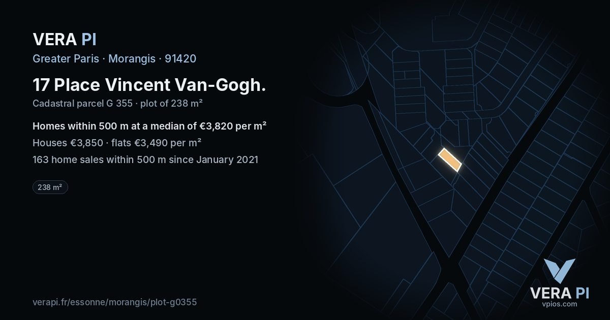 17 Place Vincent Van-Gogh, Morangis at night – the plot lit, the parcels around coloured by the prices near them