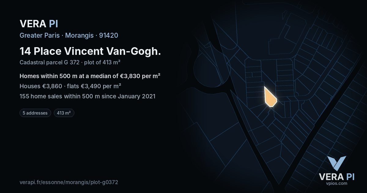14 Place Vincent Van-Gogh, Morangis at night – the plot lit, the parcels around coloured by the prices near them