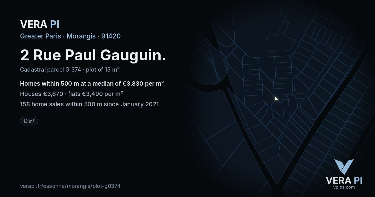 2 Rue Paul Gauguin, Morangis at night – the plot lit, the parcels around coloured by the prices near them
