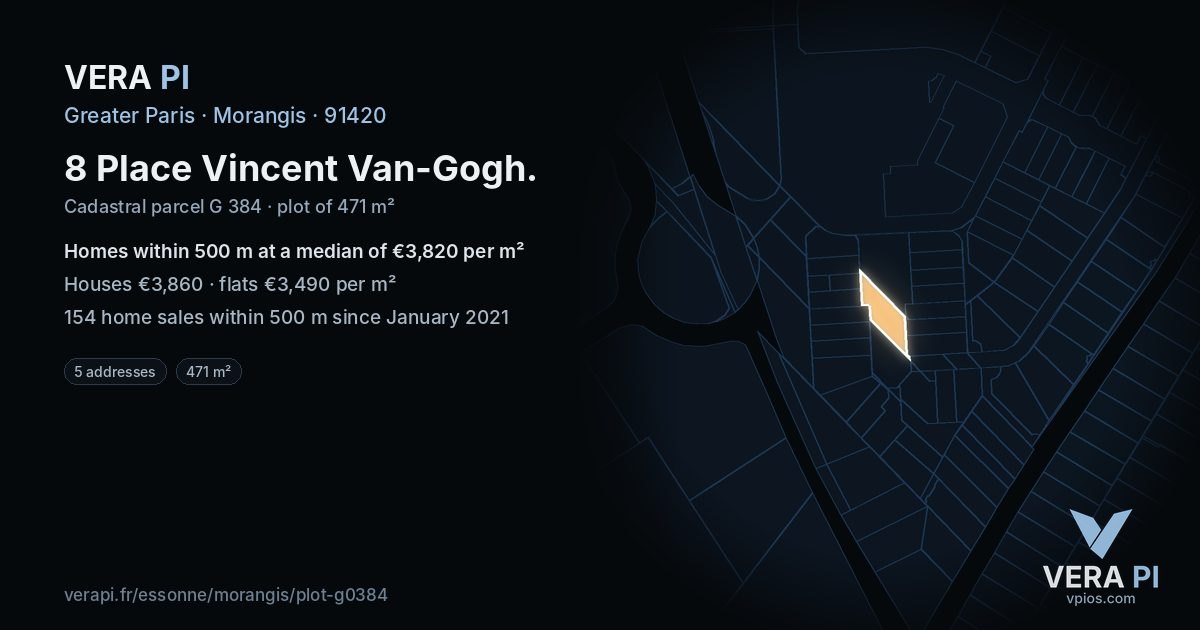 8 Place Vincent Van-Gogh, Morangis at night – the plot lit, the parcels around coloured by the prices near them