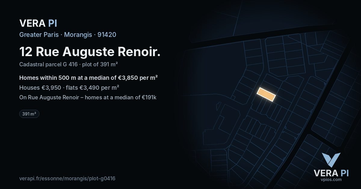 12 Rue Auguste Renoir, Morangis at night – the plot lit, the parcels around coloured by the prices near them