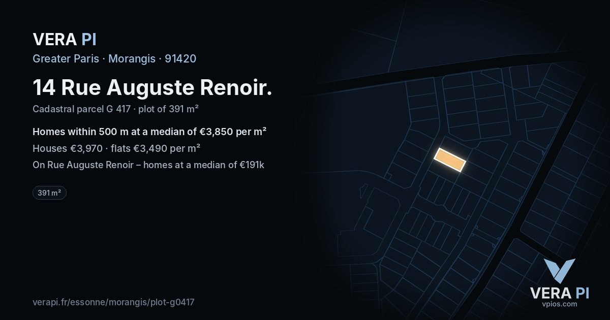 14 Rue Auguste Renoir, Morangis at night – the plot lit, the parcels around coloured by the prices near them