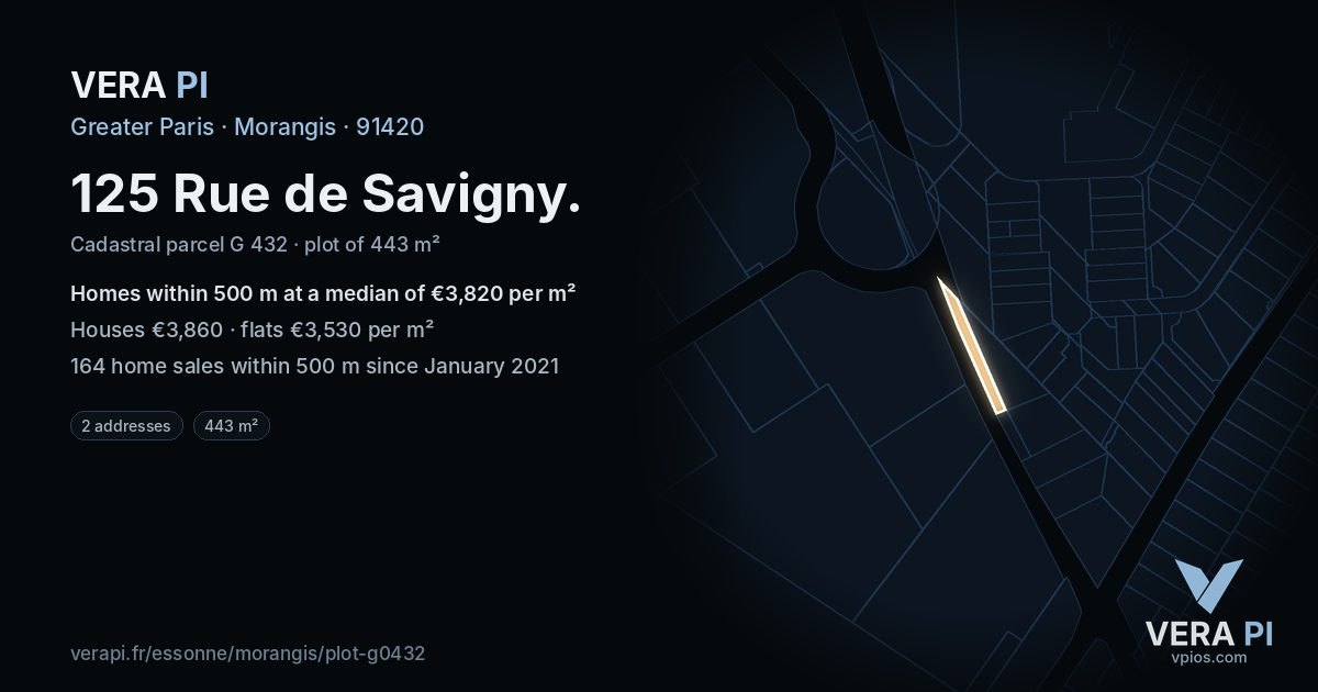 125 Rue de Savigny, Morangis at night – the plot lit, the parcels around coloured by the prices near them