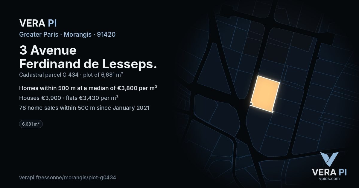 3 Avenue Ferdinand de Lesseps, Morangis at night – the plot lit, the parcels around coloured by the prices near them