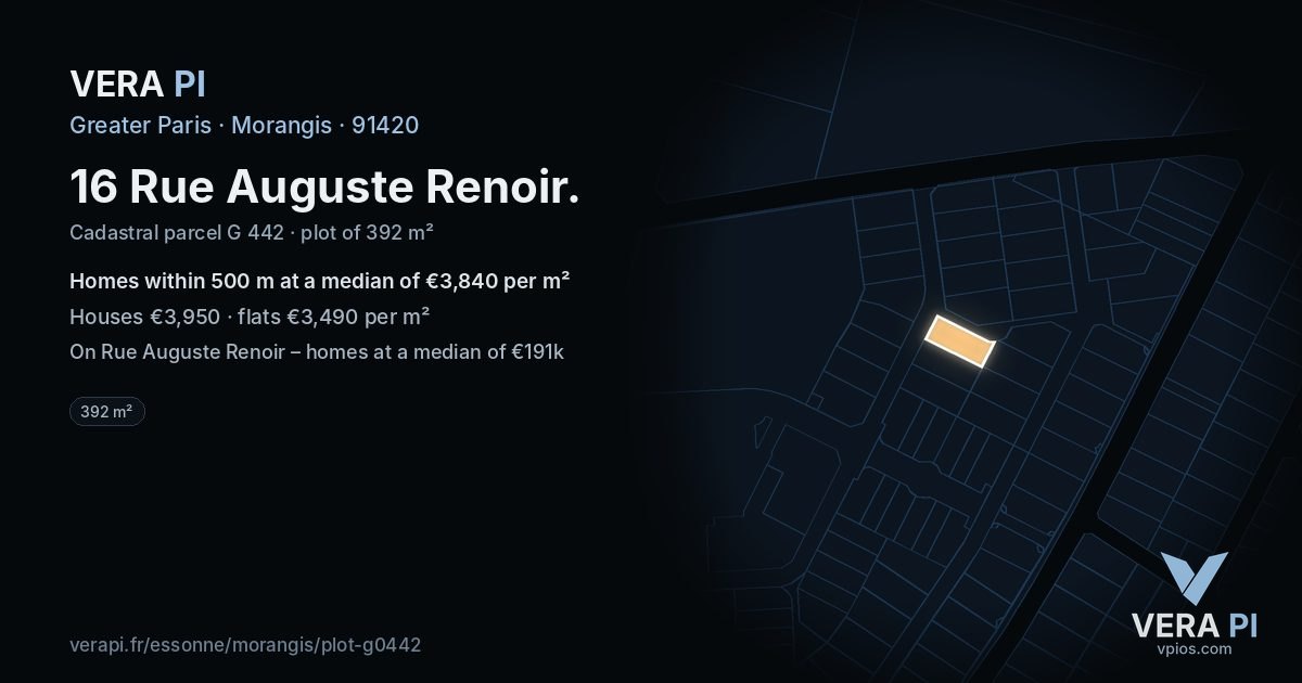 16 Rue Auguste Renoir, Morangis at night – the plot lit, the parcels around coloured by the prices near them