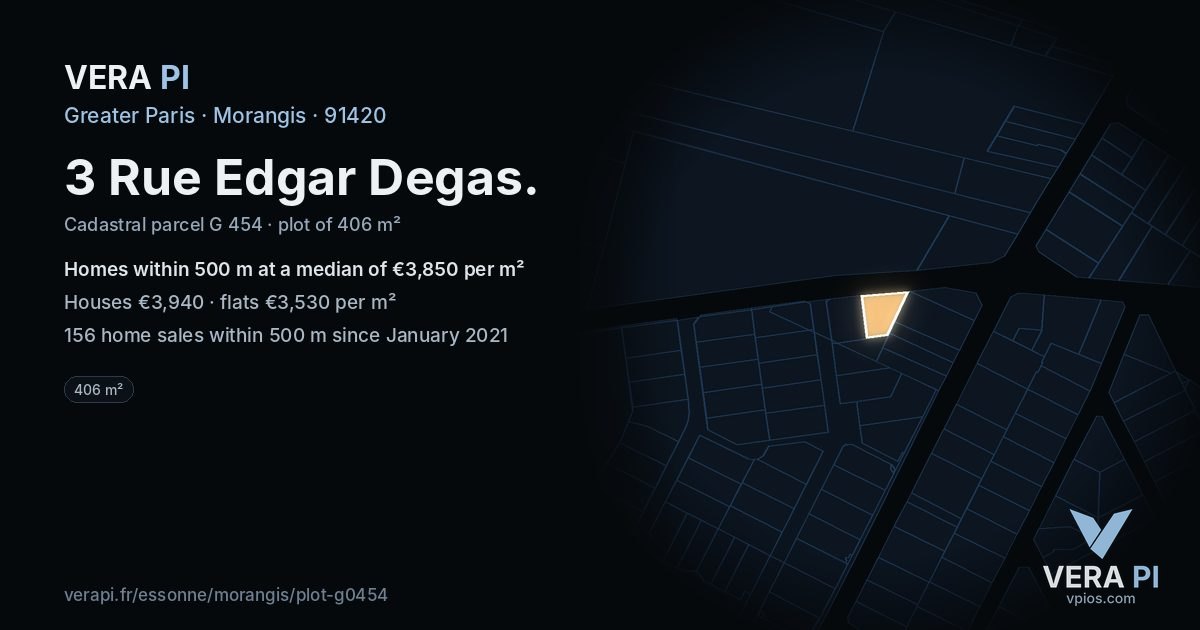 3 Rue Edgar Degas, Morangis at night – the plot lit, the parcels around coloured by the prices near them