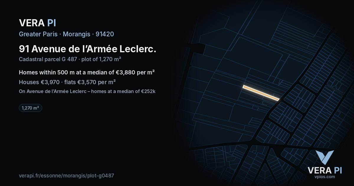 91 Avenue de l’Armée Leclerc, Morangis at night – the plot lit, the parcels around coloured by the prices near them