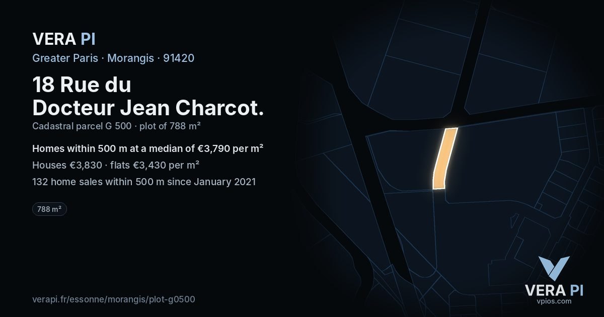 18 Rue du Docteur Jean Charcot, Morangis at night – the plot lit, the parcels around coloured by the prices near them